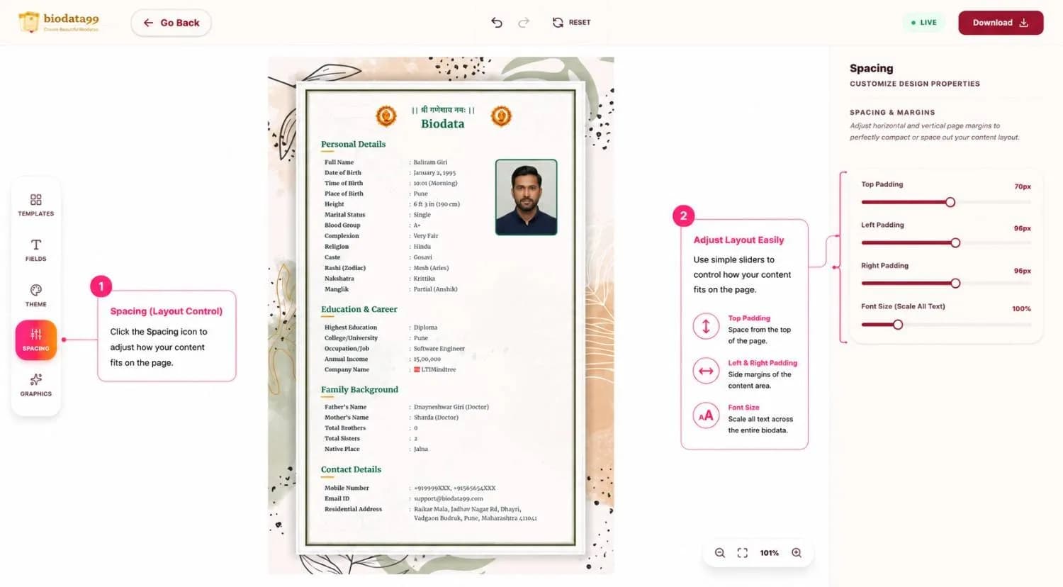 Step 4 in Biodata99 editor showing spacing controls for top padding, side margins, and font size adjustment.