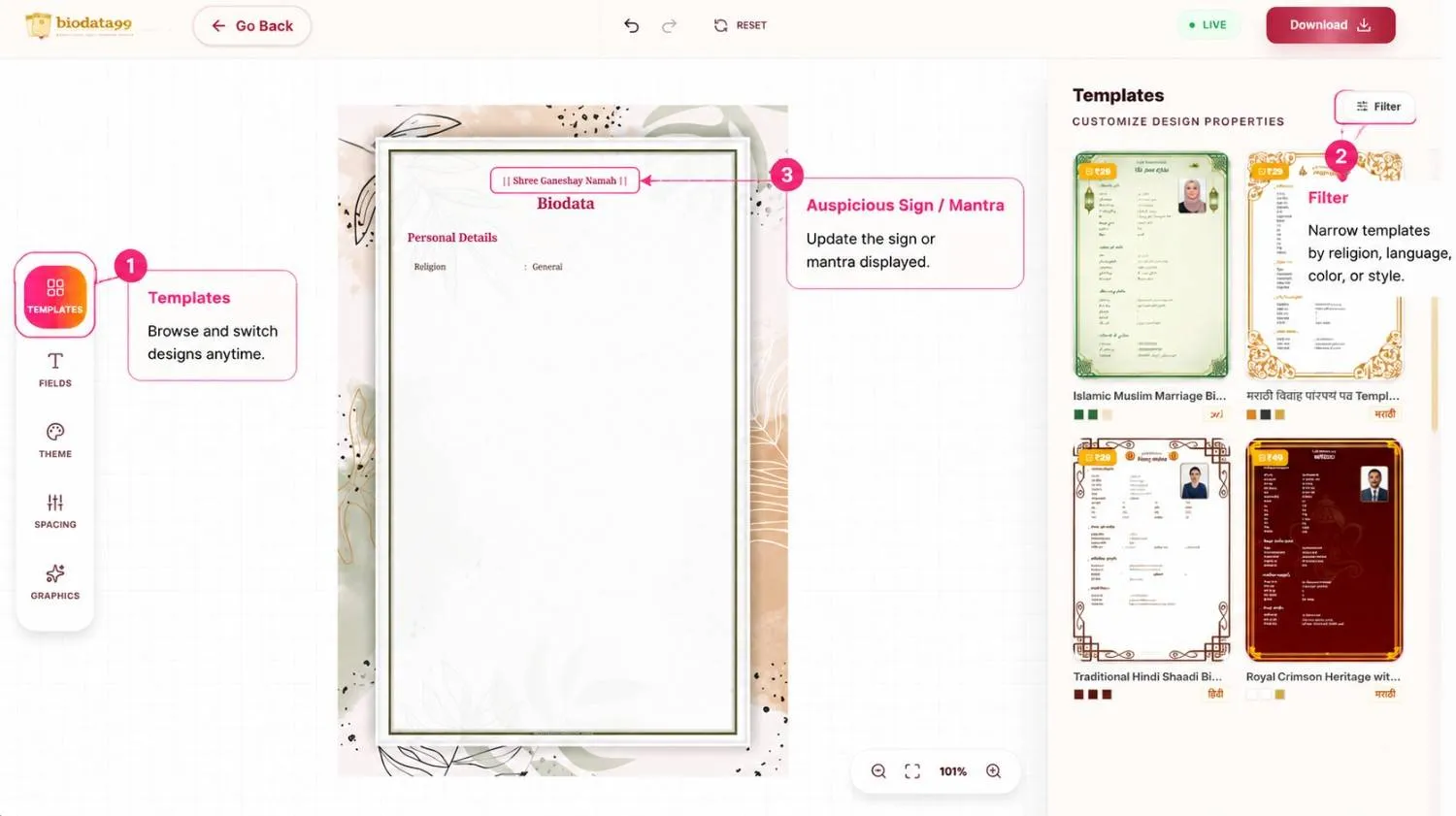 Step 1 in Biodata99 editor showing how to select a marriage biodata template, use template filters, and change the mantra or heading.