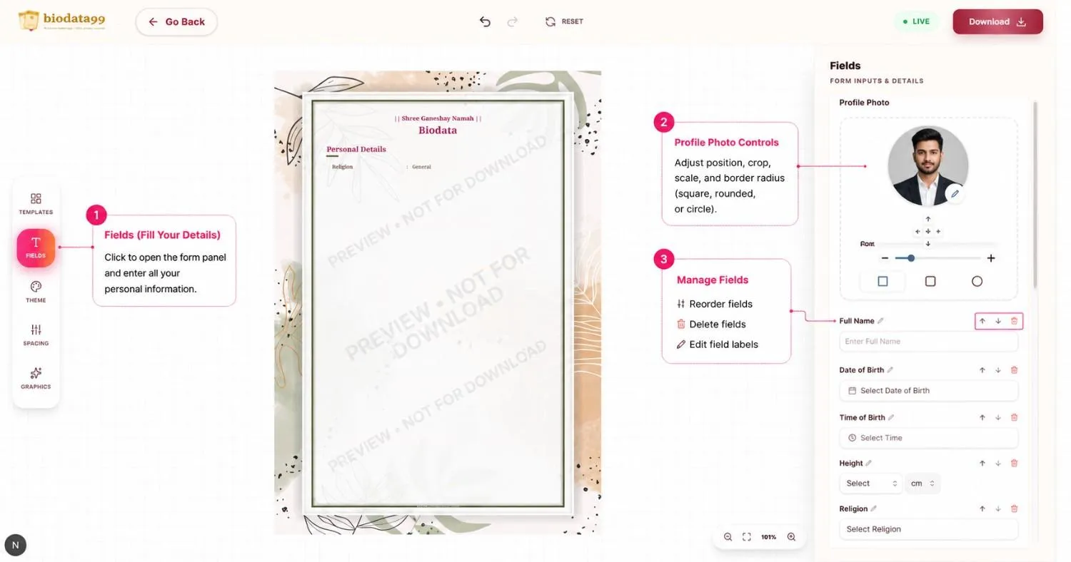 Step 2 in Biodata99 editor showing how to enter personal details, upload a profile photo, reorder fields, and edit biodata information.