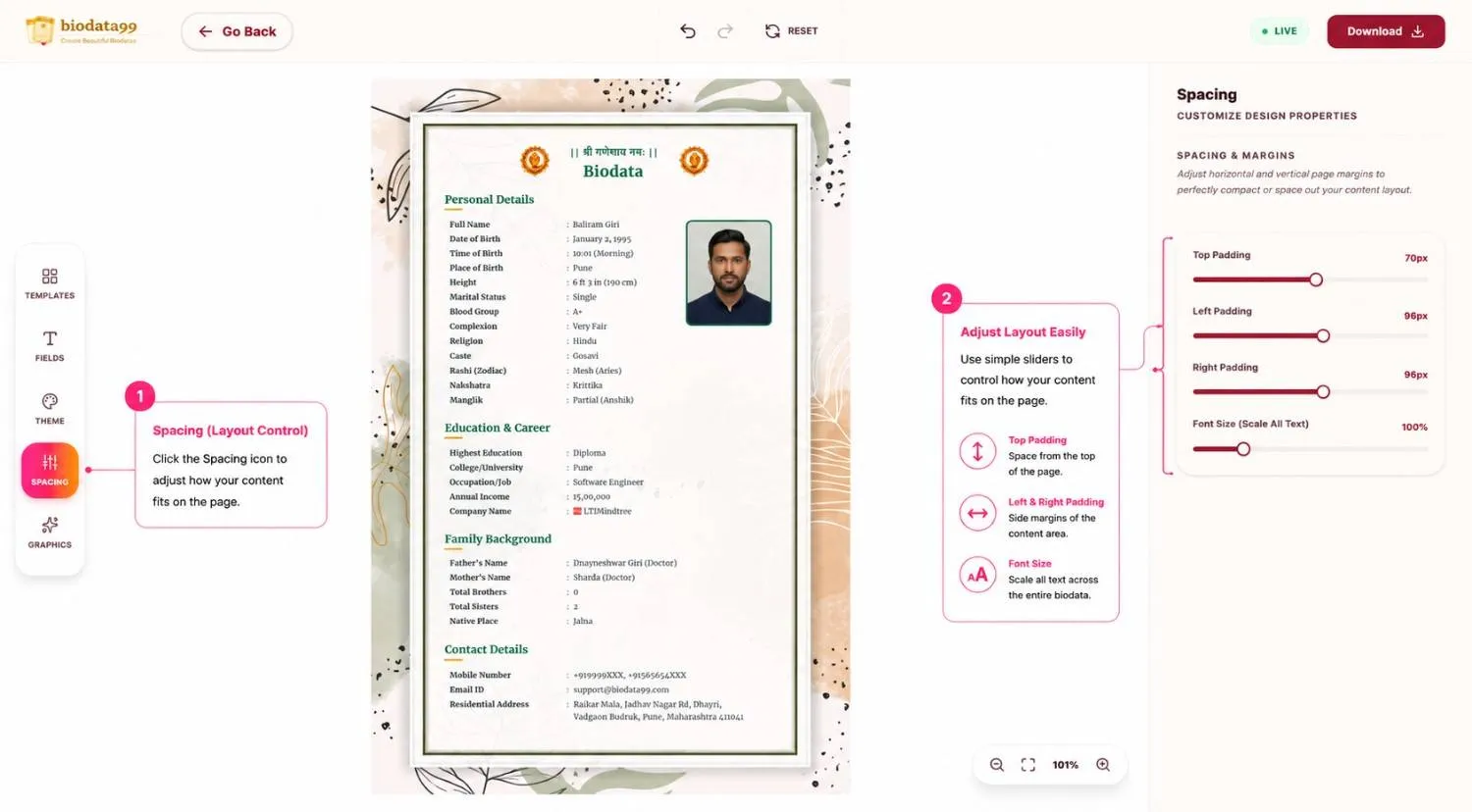 Step 4 in Biodata99 editor showing spacing controls for top padding, side margins, and font size adjustment.