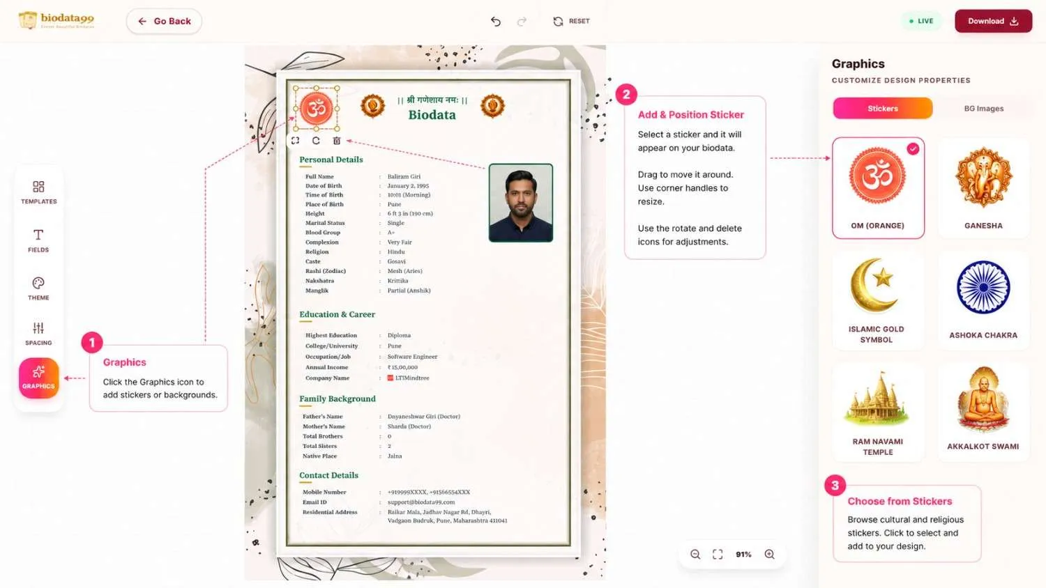 Step 5 in Biodata99 editor showing how to add, move, resize, and position religious or cultural stickers on a marriage biodata.