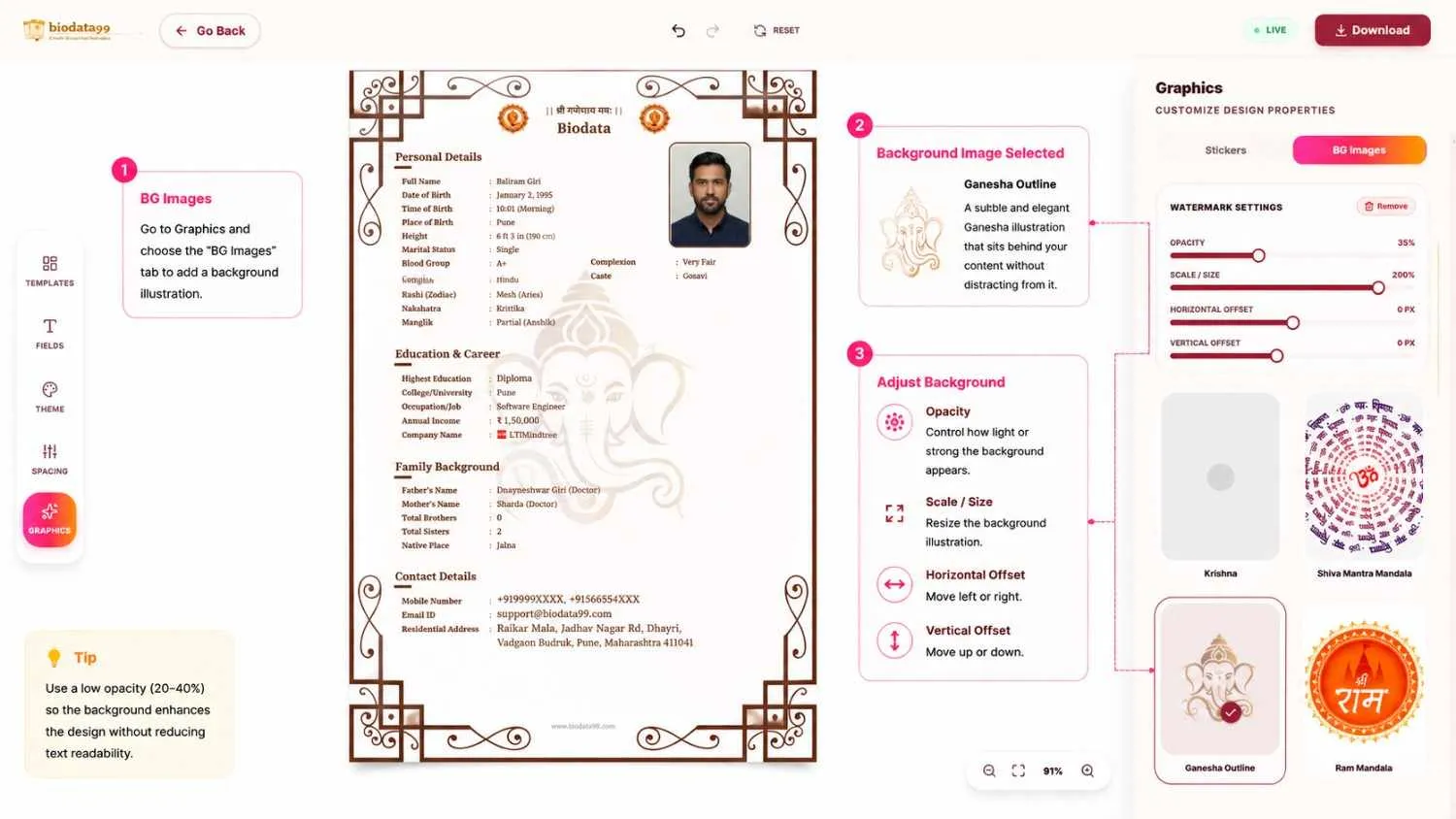 Step 5 in Biodata99 editor showing background image selection with opacity, size, and position controls.