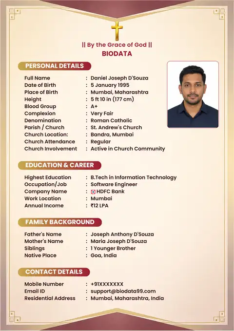 Royal maroon arch Christian groom marriage biodata format