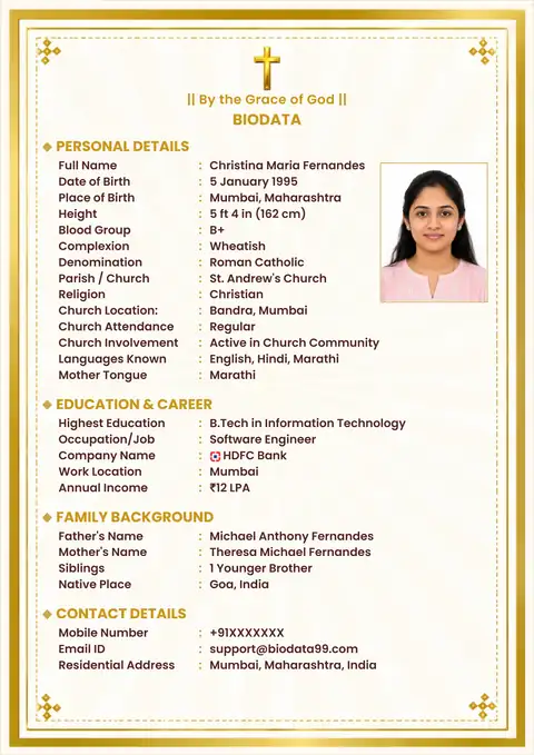 Christian Marriage Biodata Example for Girls in India Christian marriage biodata example for girls in India