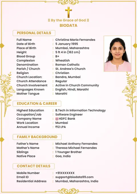Rose gold floral Christian girl marriage biodata format with cross and photo