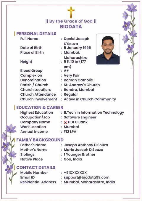 Lavender floral Christian marriage biodata format for boys in India