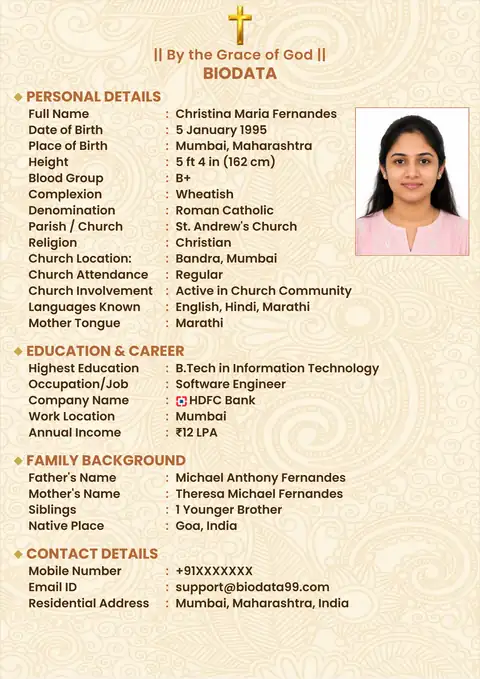 Damask paisley Christian marriage biodata format for girls in India