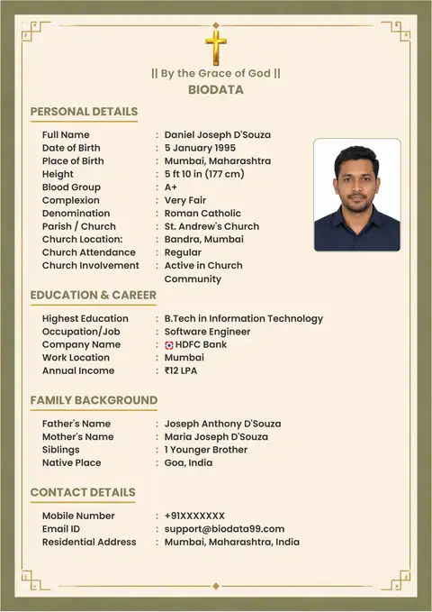 Olive green vintage border Christian marriage biodata format for boys in India