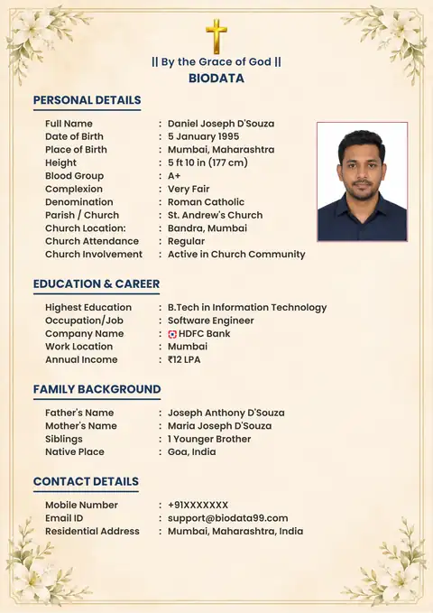 Floral bouquet Christian marriage biodata format for boys in India