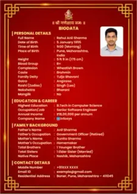 Modern Gold Accent Wedding Biodata Format Modern Gold Accent wedding biodata format design with elegant border, passport photo, and organized details for matrimonial matches.
