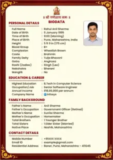 Traditional Orange Temple Border Traditional Orange Temple Border marriage biodata template with elegant border, Ganesh image, passport photo and structured matrimonial layout.
