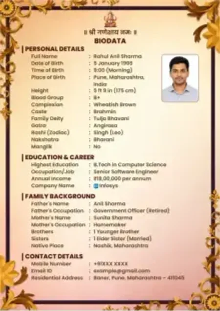 Elegant Floral White Elegant Floral White marriage biodata template with elegant border, Ganesh image, passport photo and structured matrimonial layout.