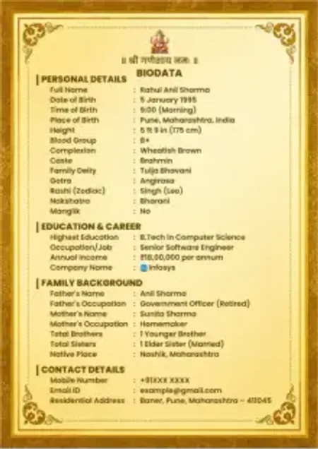 Black Gold Royal Frame Marriage Biodata Format Black Gold Royal Frame marriage biodata format with elegant border, Ganesh image, passport photo and structured matrimonial layout.