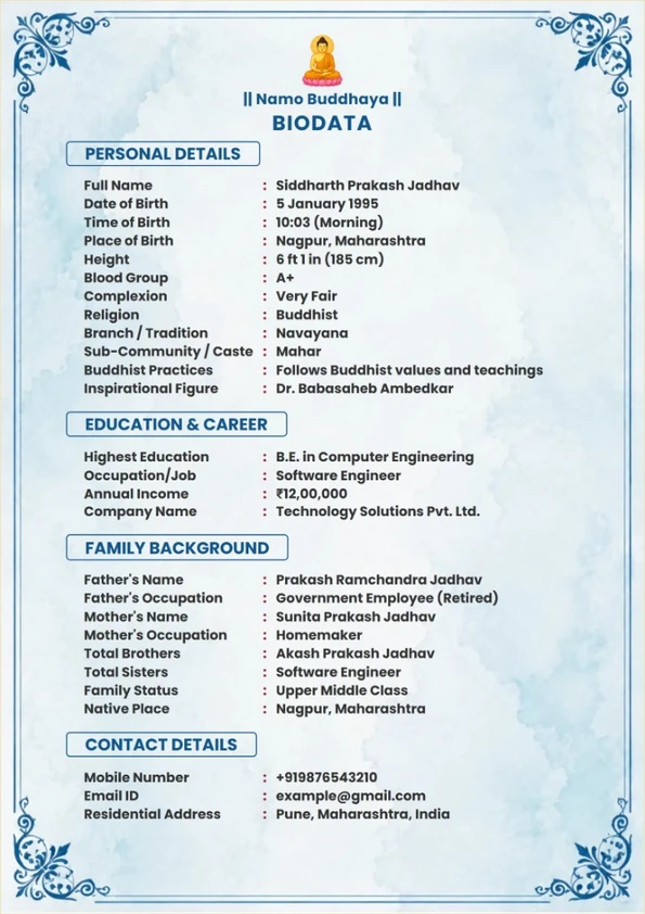 Buddhist Blue Watercolor marriage biodata template preview