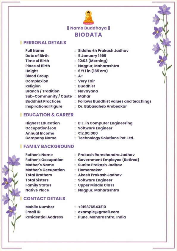 Buddhist Purple Floral marriage biodata format preview