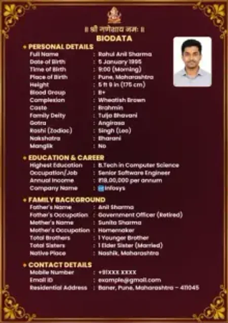 Classic Brown Vintage Classic Brown Vintage marriage biodata template with elegant border, Ganesh image, passport photo and structured matrimonial layout.