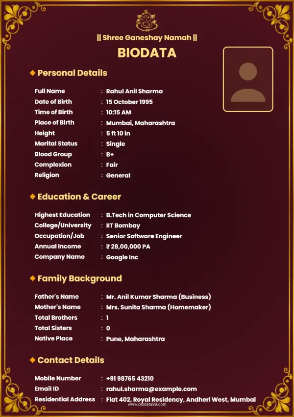 Matrimonial biodata format Mangal Swarna Dwar