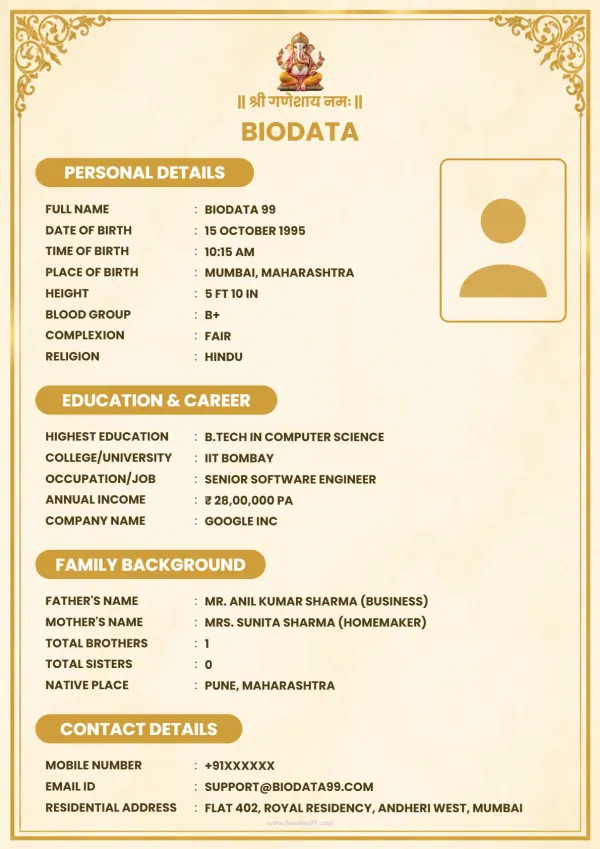 Matrimonial biodata format Navya Swarn Dwar