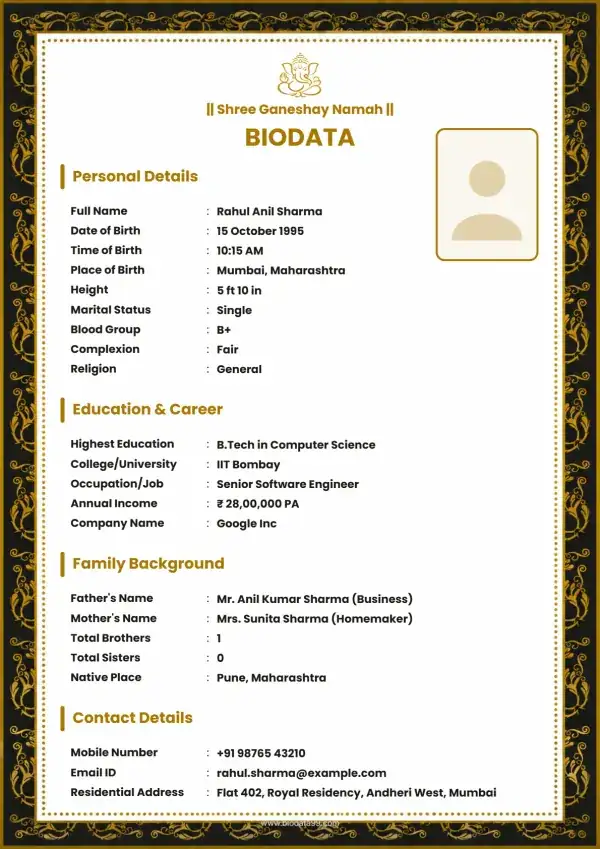 Matrimonial biodata format Shubh Mangal Dwar