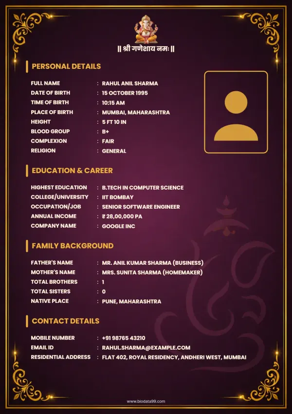 Matrimonial biodata format purpl and Gold Ornamental Bidoata Format