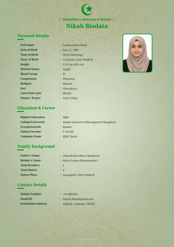 Matrimonial biodata format Modern Muslim
