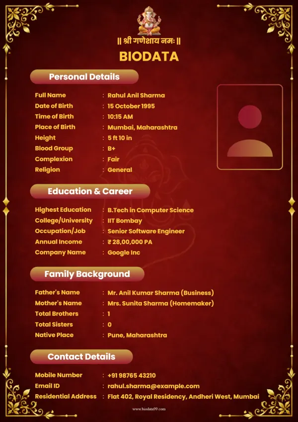 Matrimonial biodata format Gilded Arch Vista
