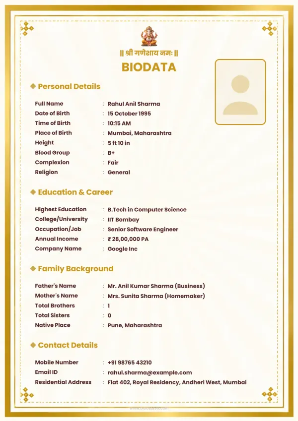 Matrimonial biodata format Golden Whisper