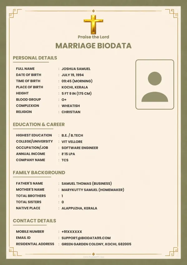 Matrimonial biodata format Elegant Olive-Gold Certificate Frame