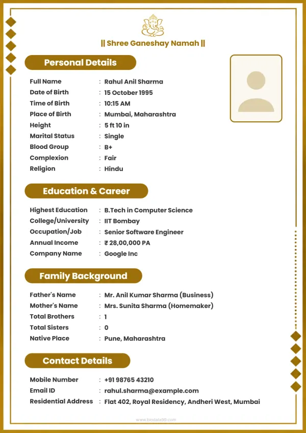 Matrimonial biodata format Mangal Vaibhav Roop
