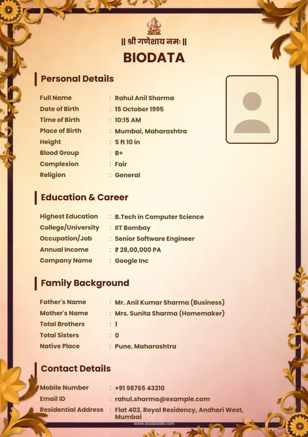 Matrimonial biodata format Timeless Royal Frame