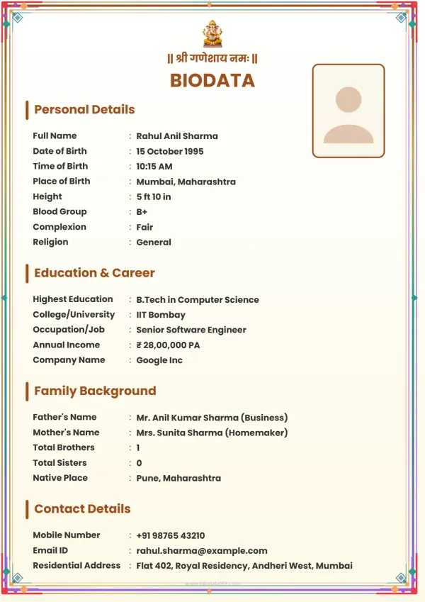 Matrimonial biodata format Shubh Vivah Parichay – Marathi Marriage Biodata Template