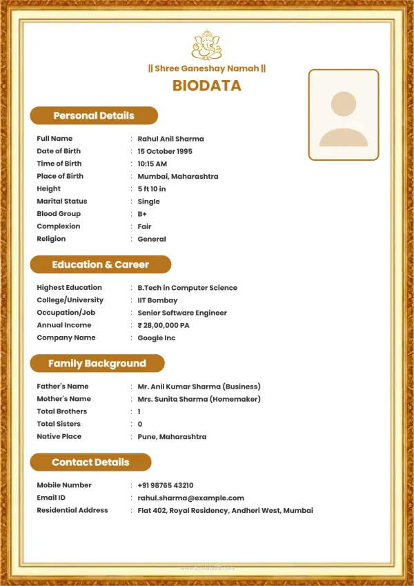 Matrimonial biodata format Suvarna Arch Aura