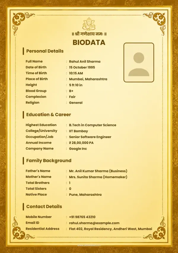 Matrimonial biodata format Maharaja Gold